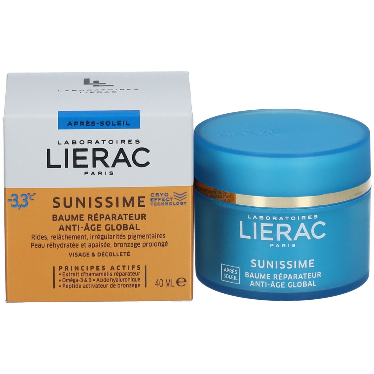 Emballage et pot. Emballage: LIERAC SUNISSIME, Baume Réparateur Anti-Âge Global. Pot: bleu, anneau doré.