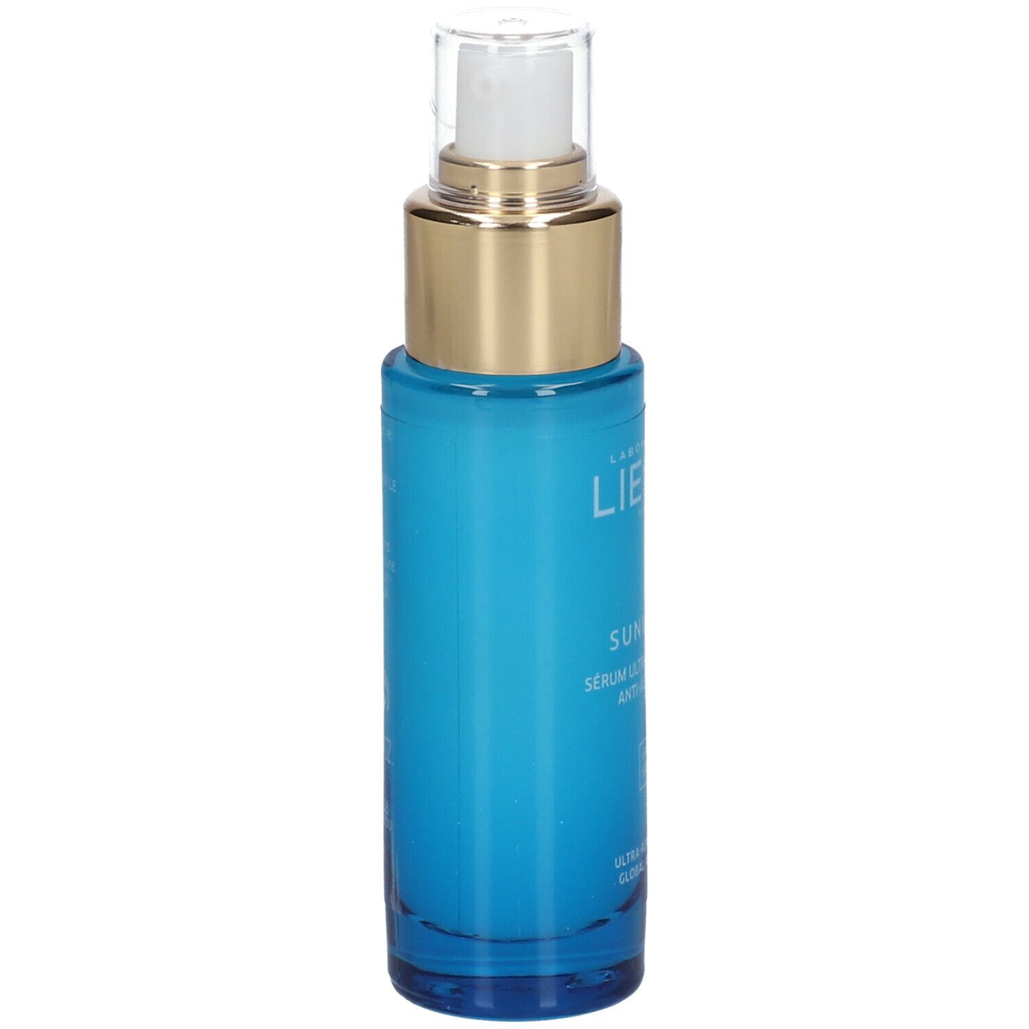 Flacon bleu avec bouchon doré et tête de pompe. Logo LIERAC et inscription SUNISSIME. Produit de soin de la peau.