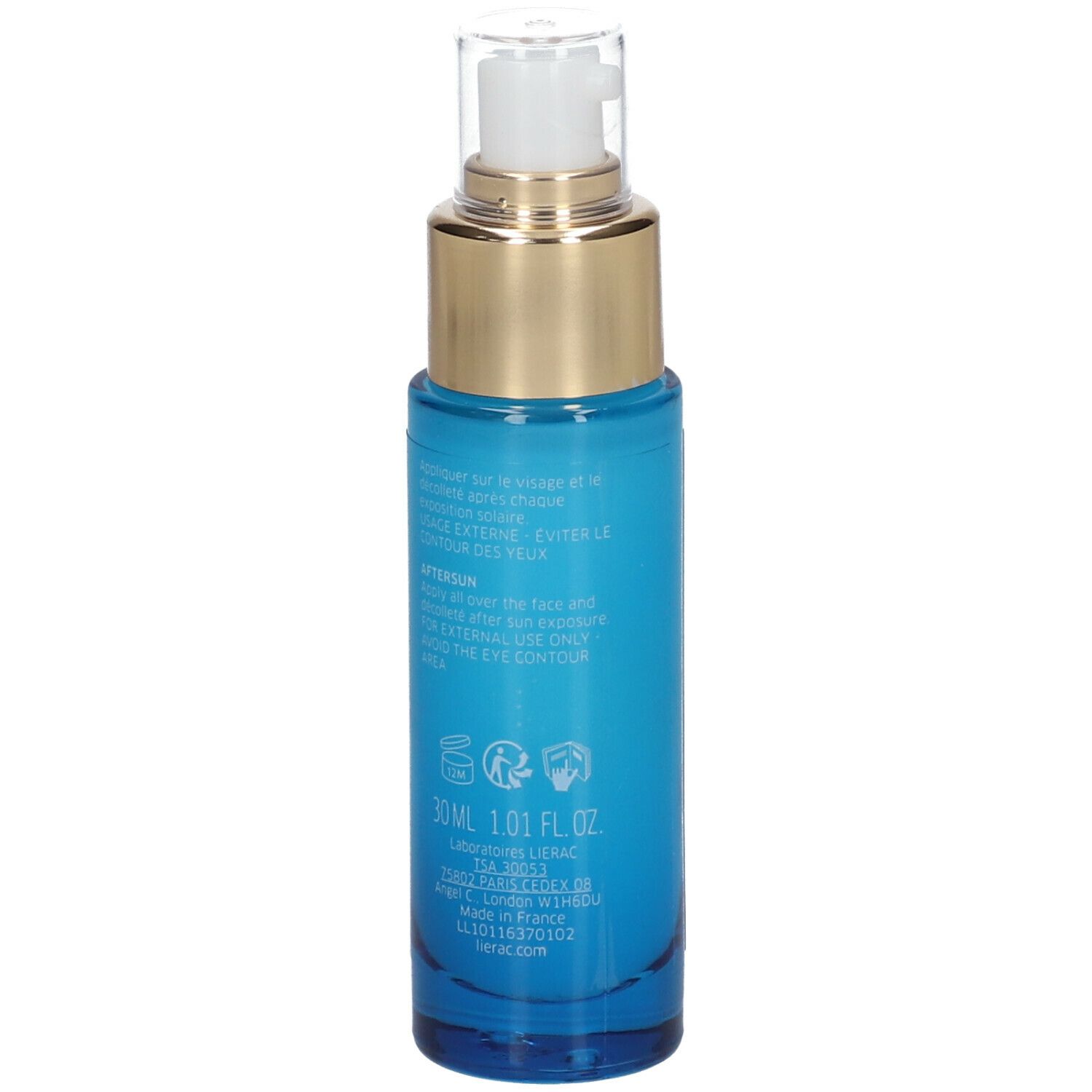 Flacon bleu avec bouchon doré. Dos avec texte et logos. 30 ml. Produit de soin de la peau.