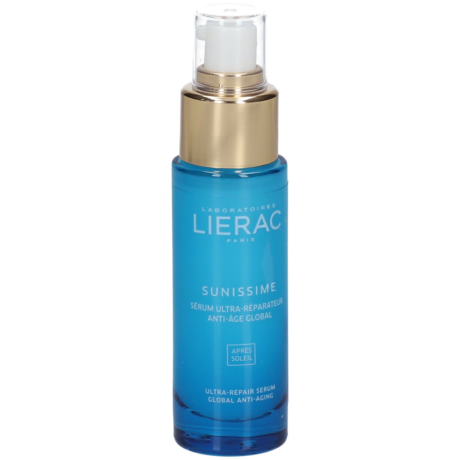 Flacon bleu avec bouchon doré et tête de pompe. Logo LIERAC et inscription SUNISSIME. Produit de soin de la peau.