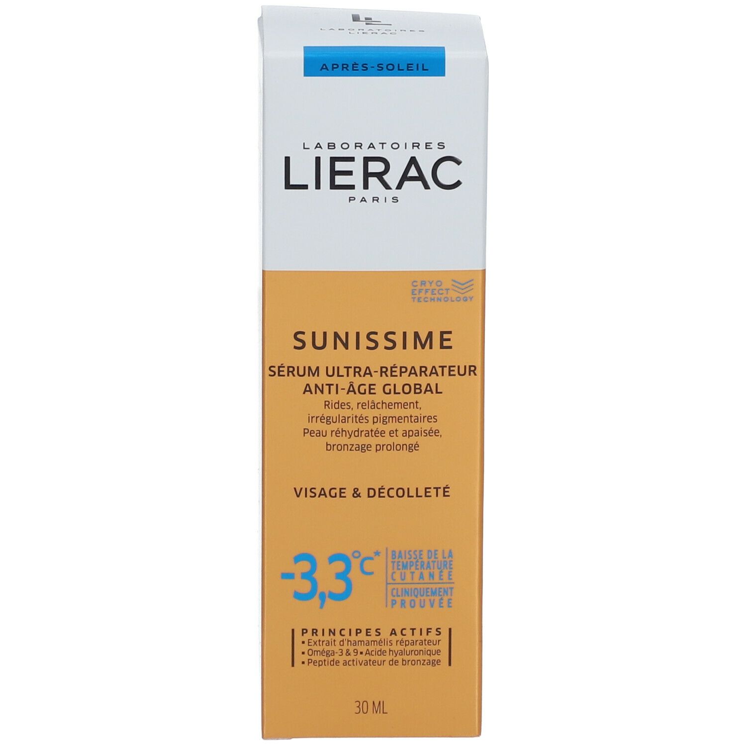 Emballage du sérum LIERAC SUNISSIME. Design blanc-or-bleu. Texte et logos. 30 ml. Produit anti-âge.
