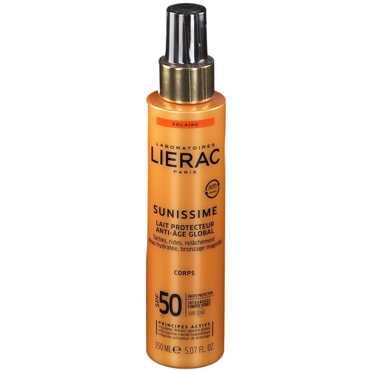 Flacon spray de lait solaire. Corps doré, tête noire. Texte: LIERAC SUNISSIME LSF 50.