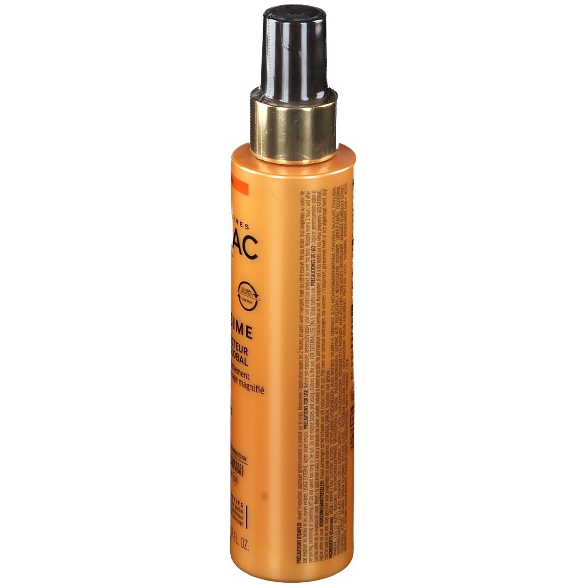 Flacon spray de lait solaire. Corps doré, tête noire. Informations produit imprimées.