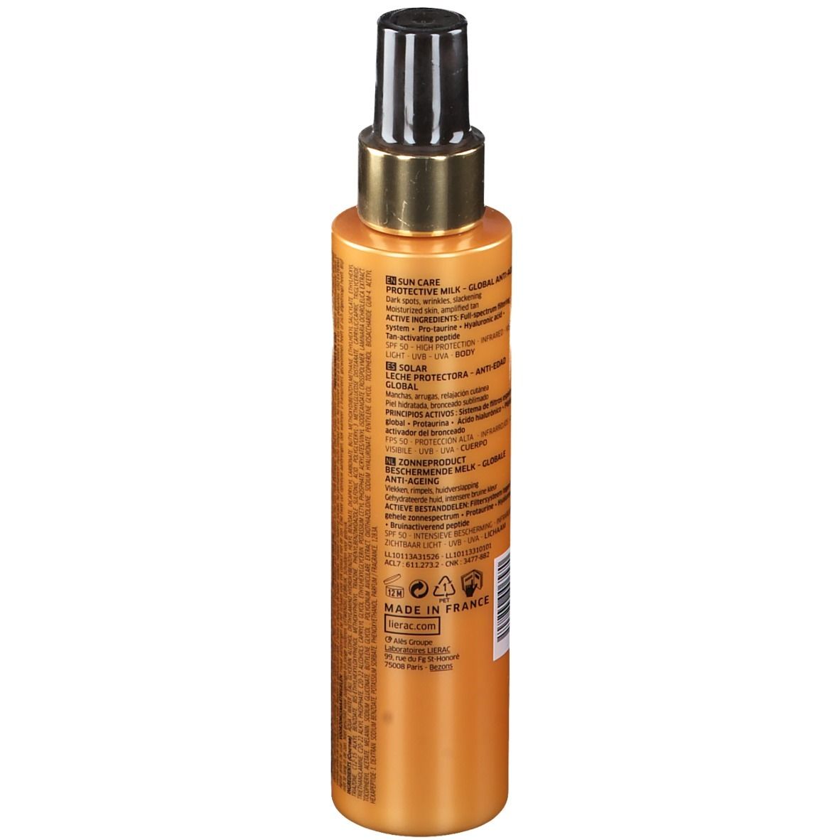 Flacon spray de lait solaire. Corps doré, tête noire. Informations produit imprimées.
