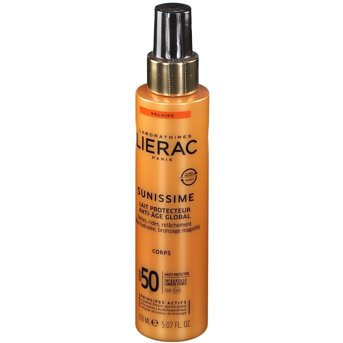 Flacon spray de lait solaire. Corps doré, tête noire. Texte: LIERAC SUNISSIME LSF 50.