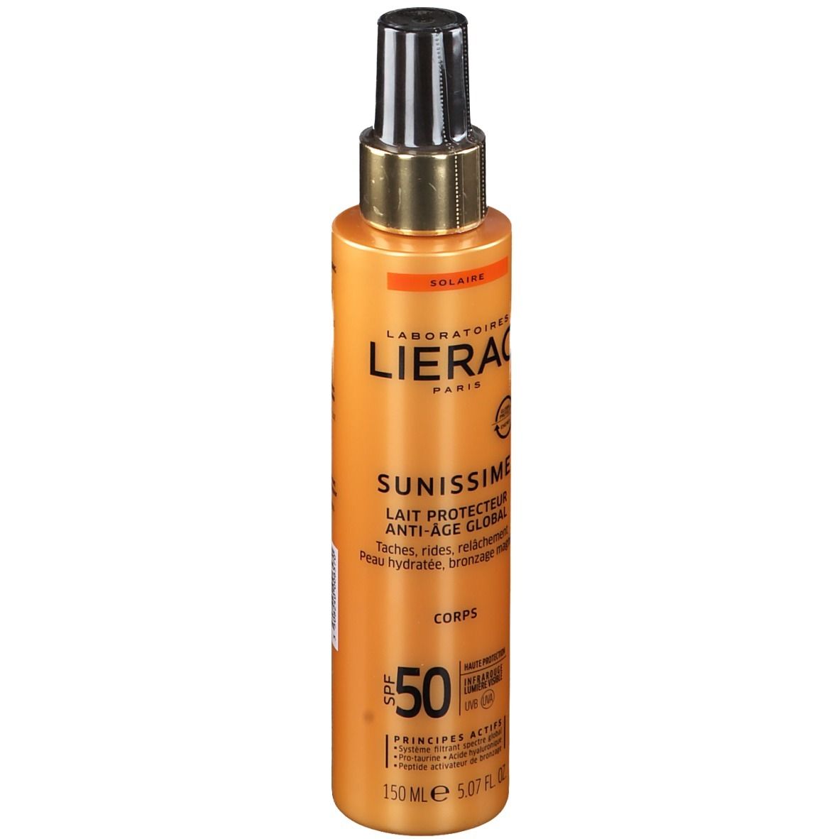 Flacon spray de lait solaire. Corps doré, tête noire. Texte: LIERAC SUNISSIME LSF 50.
