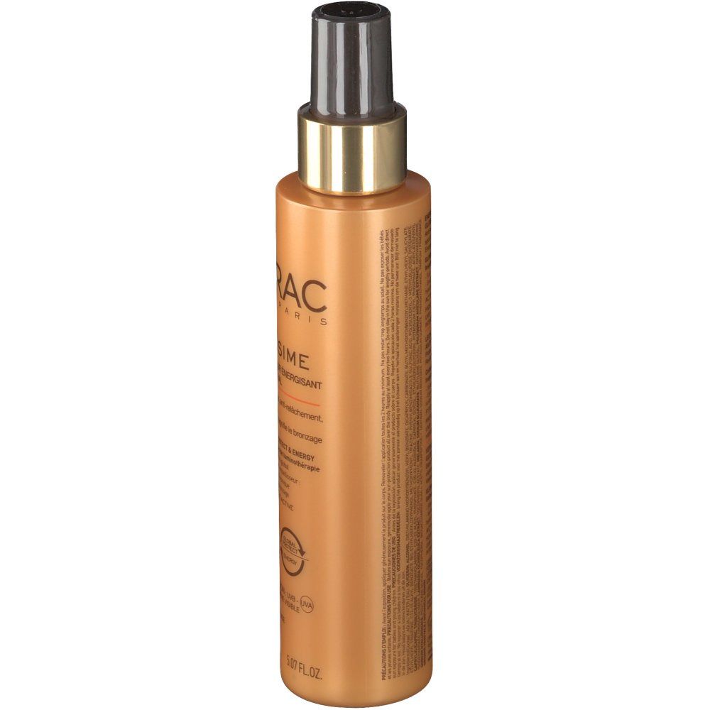 Flacon spray de lait solaire. Corps doré, tête noire. Informations produit imprimées.