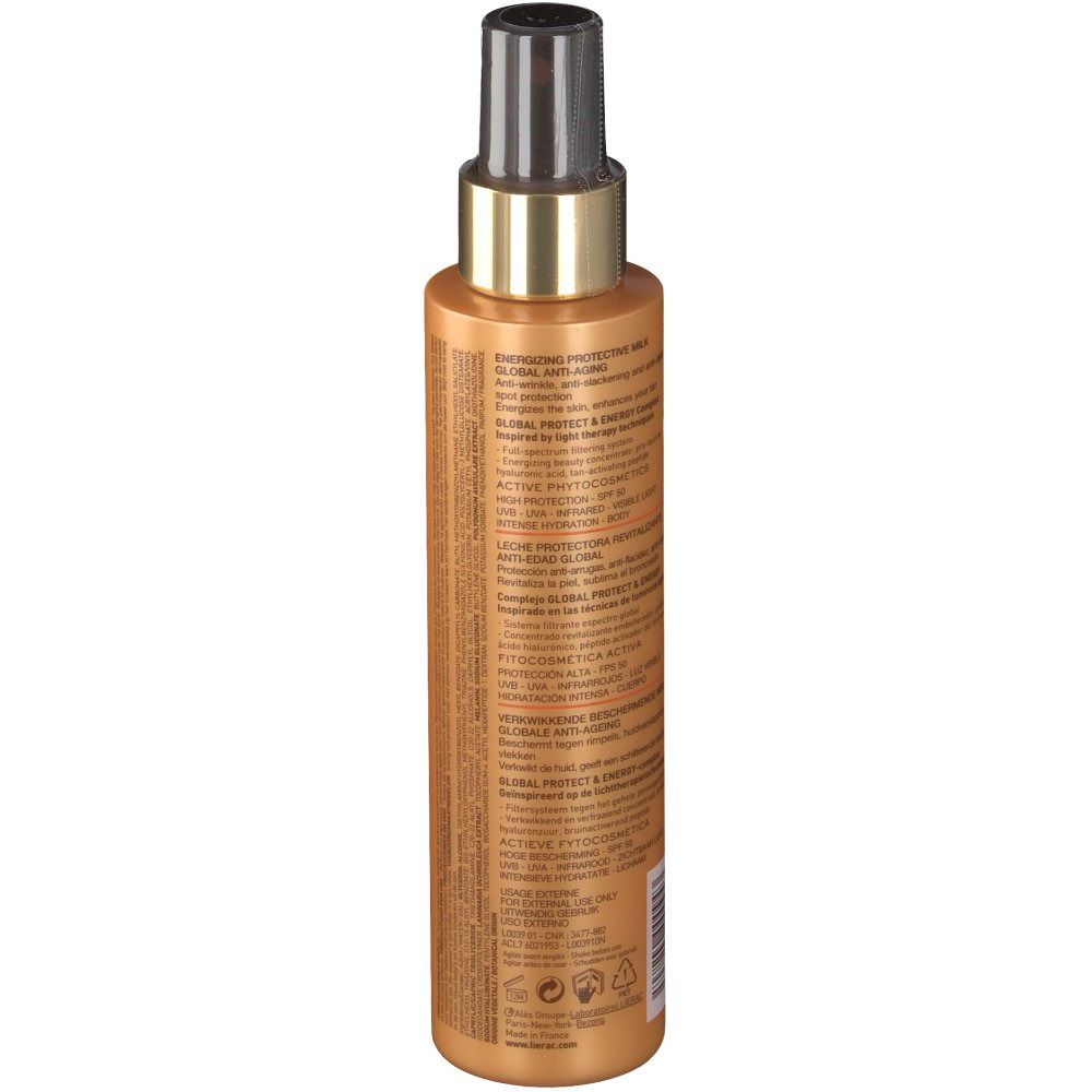 Flacon spray de lait solaire. Corps doré, tête noire. Informations produit imprimées.