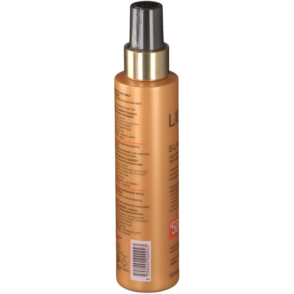 Flacon spray de lait solaire. Corps doré, tête noire. Informations produit imprimées.