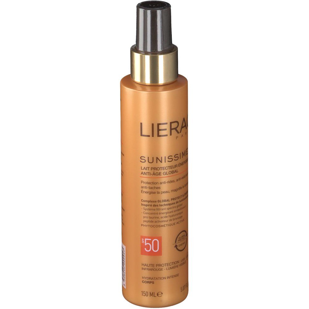 Flacon spray de lait solaire. Corps doré, tête noire. Texte: LIERAC SUNISSIME LSF 50.