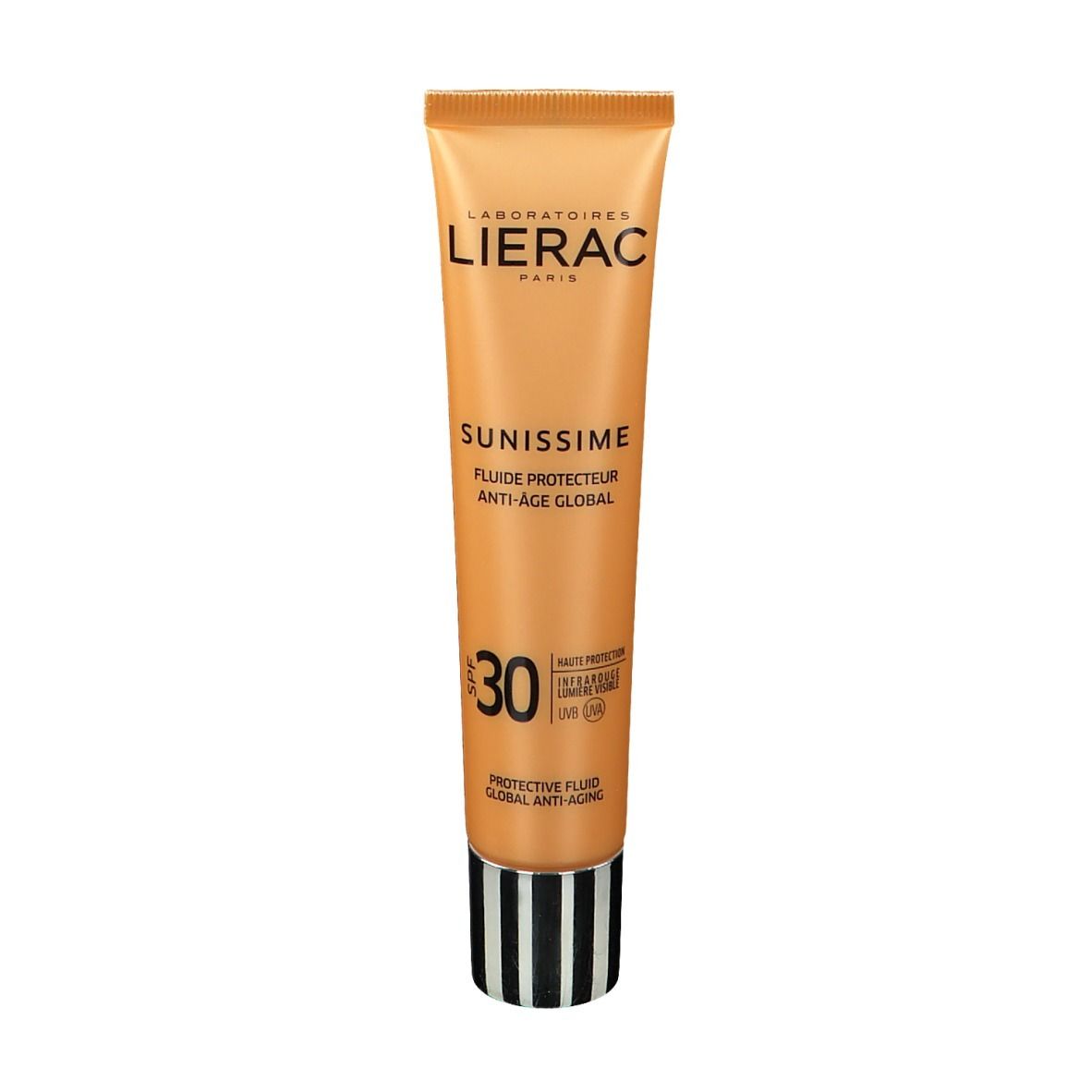 Tubo beige con tappo dorato e strisce nere. Scritte: LIERAC, SUNISSIME, SPF 30.