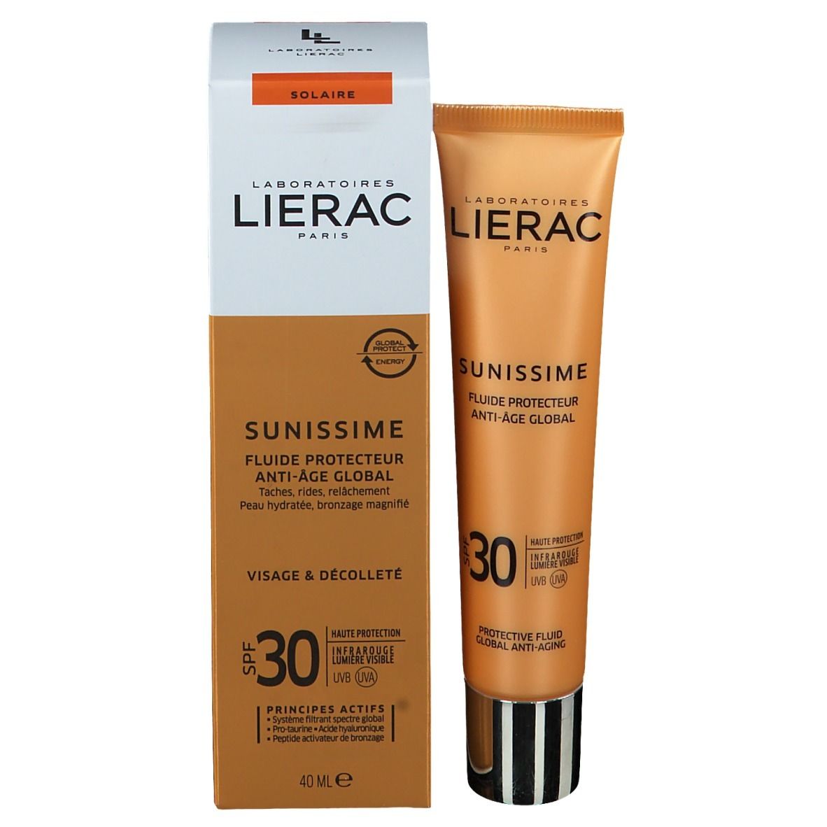 Confezione con tubo. Scritte: LIERAC, SUNISSIME, SPF 30. Fluido protettivo. 40 ml.
