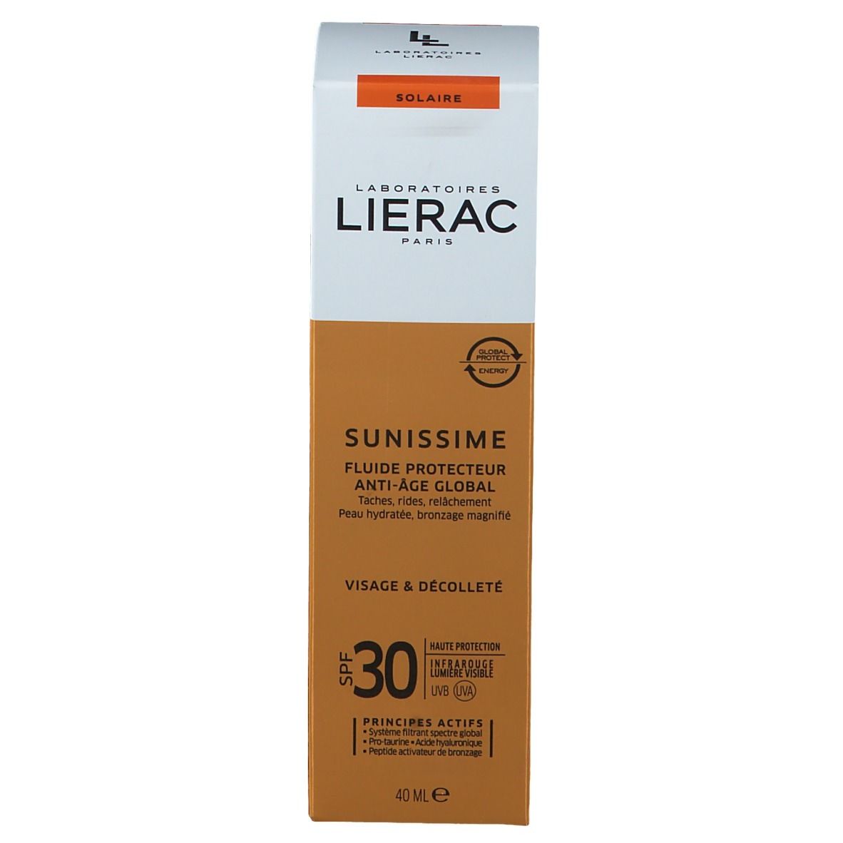 Confezione del prodotto. Scritte: LIERAC, SUNISSIME, SPF 30. Fluido protettivo. 40 ml.