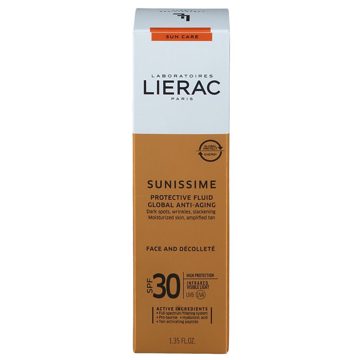 Confezione del prodotto. Scritte: LIERAC, SUNISSIME, SPF 30. Fluido protettivo. 1.35 fl.oz.