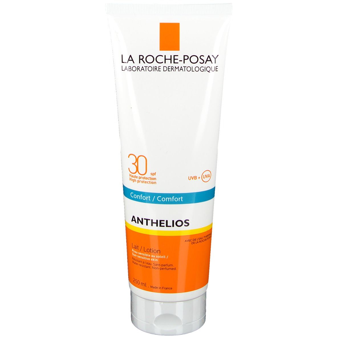 Zonnebrandmelk tube met wit en oranje design. Tekst: Anthelios, SPF 30, UV-bescherming. Merk: La Roche-Posay.
