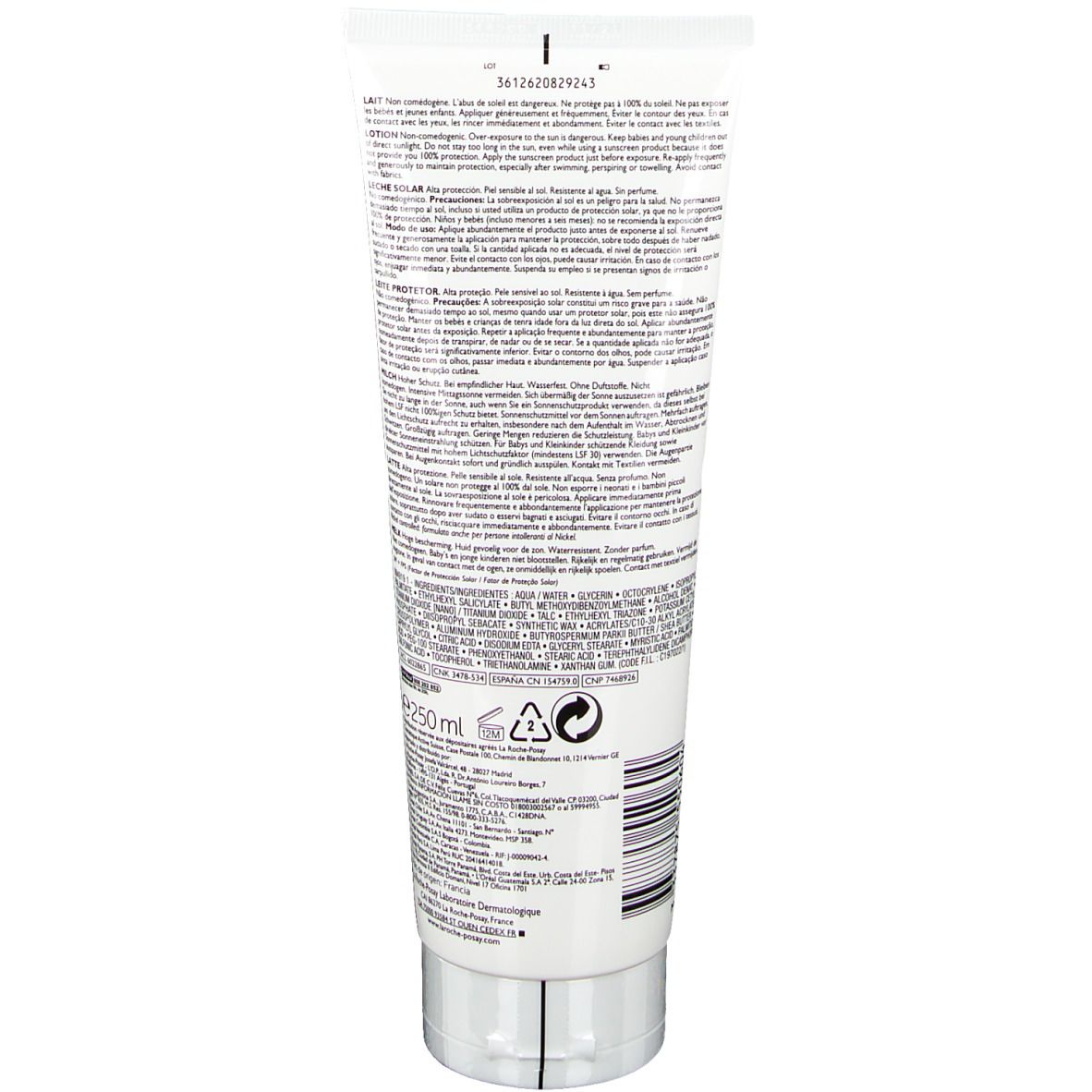Achterkant van een zonnebrandmelk tube. Tekst en symbolen op witte achtergrond. Merk: La Roche-Posay.