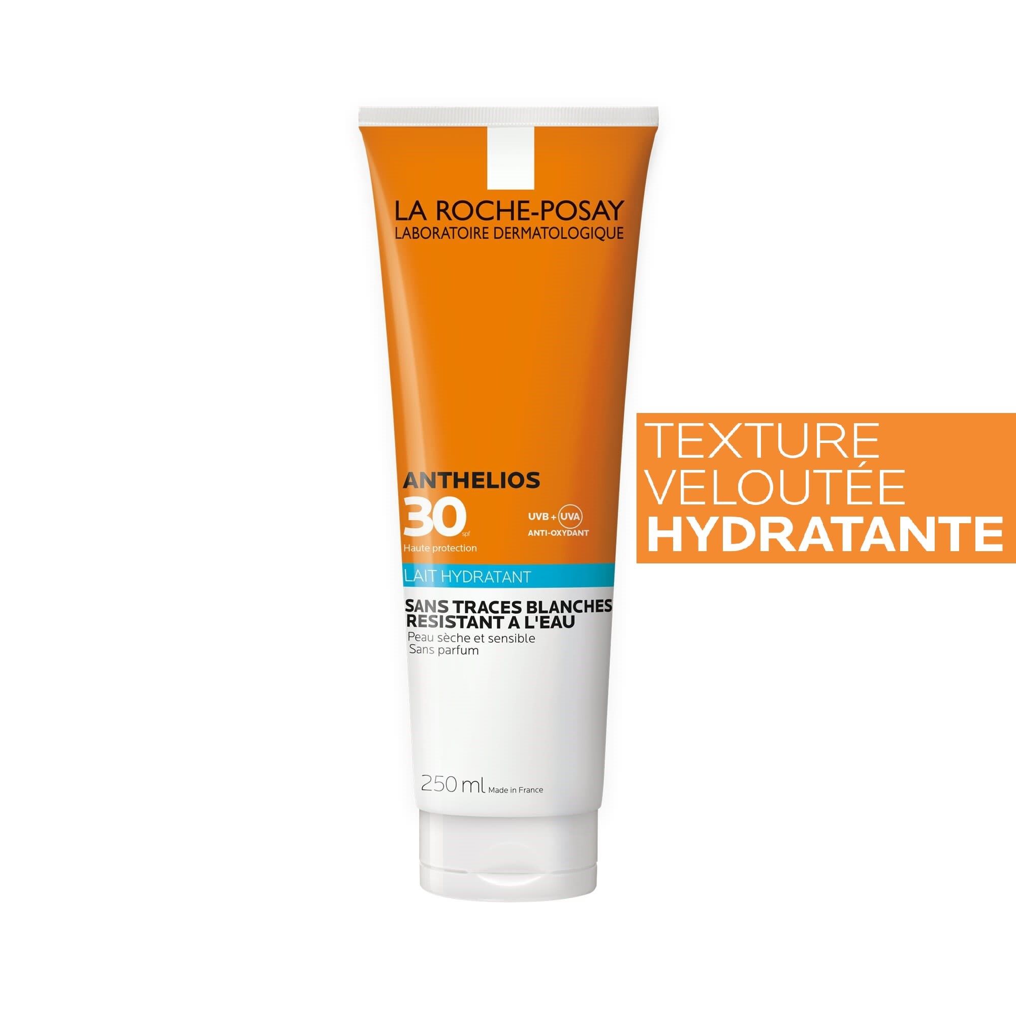 Zonnebrandmelk tube met oranje en wit design. Tekst: Anthelios 30, UV-bescherming, waterbestendig. Tekst: Texture veloutée hydratante.
