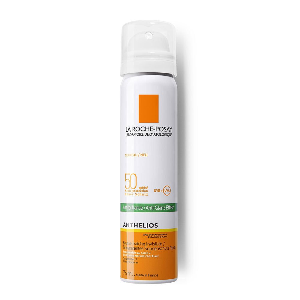Achterkant van de Anthelios gezichtsspray. Tekst en waarschuwingen. La Roche-Posay. SPF 50+.