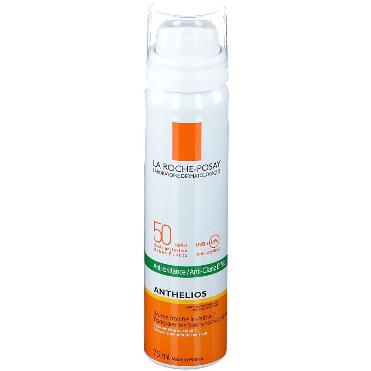 La Roche-Posay Anthelios gezichtsspray. Witte spuitfles met oranje etiket. SPF 50+.