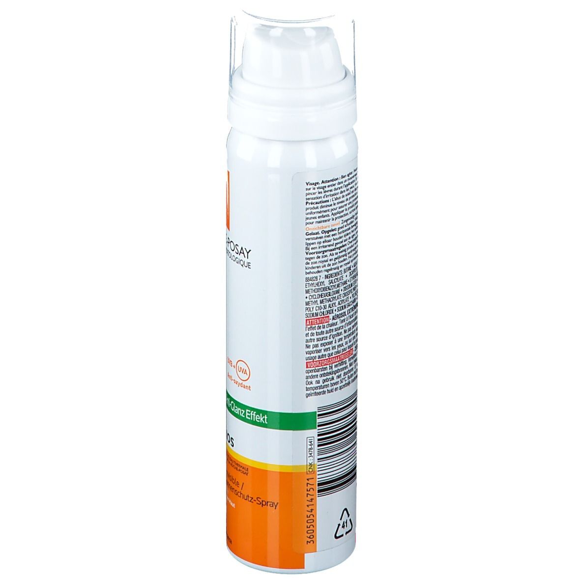 Achterkant van de Anthelios gezichtsspray. Tekst en waarschuwingen. La Roche-Posay. SPF 50+.