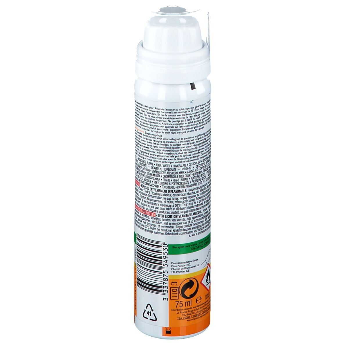 Achterkant van de Anthelios gezichtsspray. Tekst en waarschuwingen. La Roche-Posay. SPF 50+.
