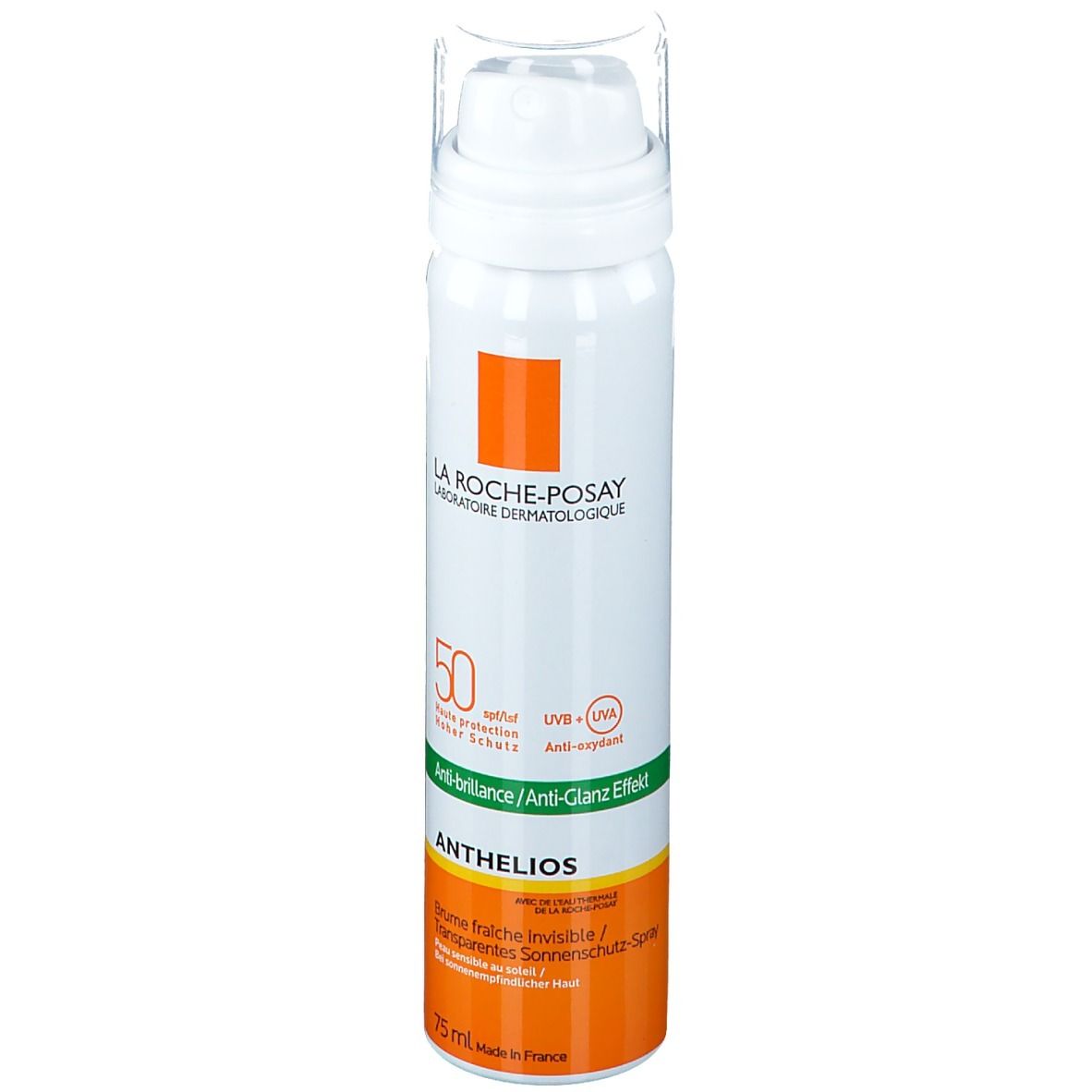 La Roche-Posay Anthelios gezichtsspray. Witte spuitfles met oranje etiket. SPF 50+.
