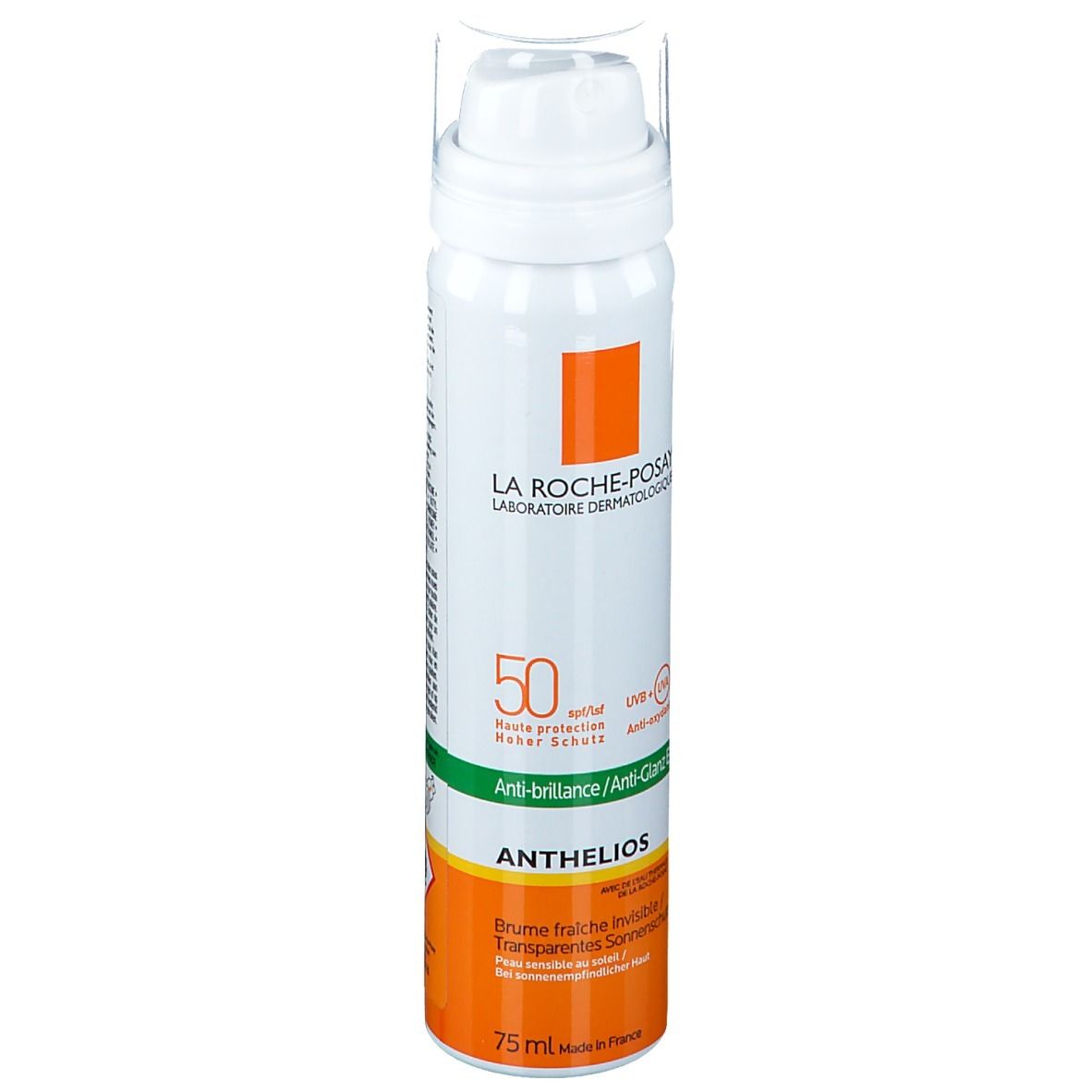 La Roche-Posay Anthelios gezichtsspray. Witte spuitfles met oranje etiket. SPF 50+.
