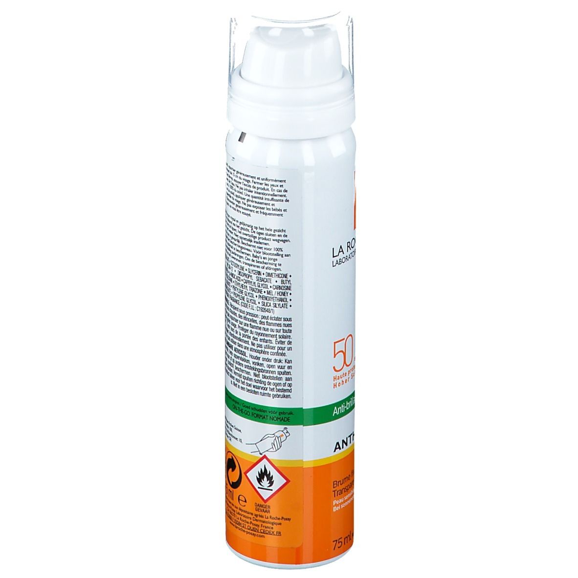 Achterkant van de Anthelios gezichtsspray. Tekst en waarschuwingen. La Roche-Posay. SPF 50+.