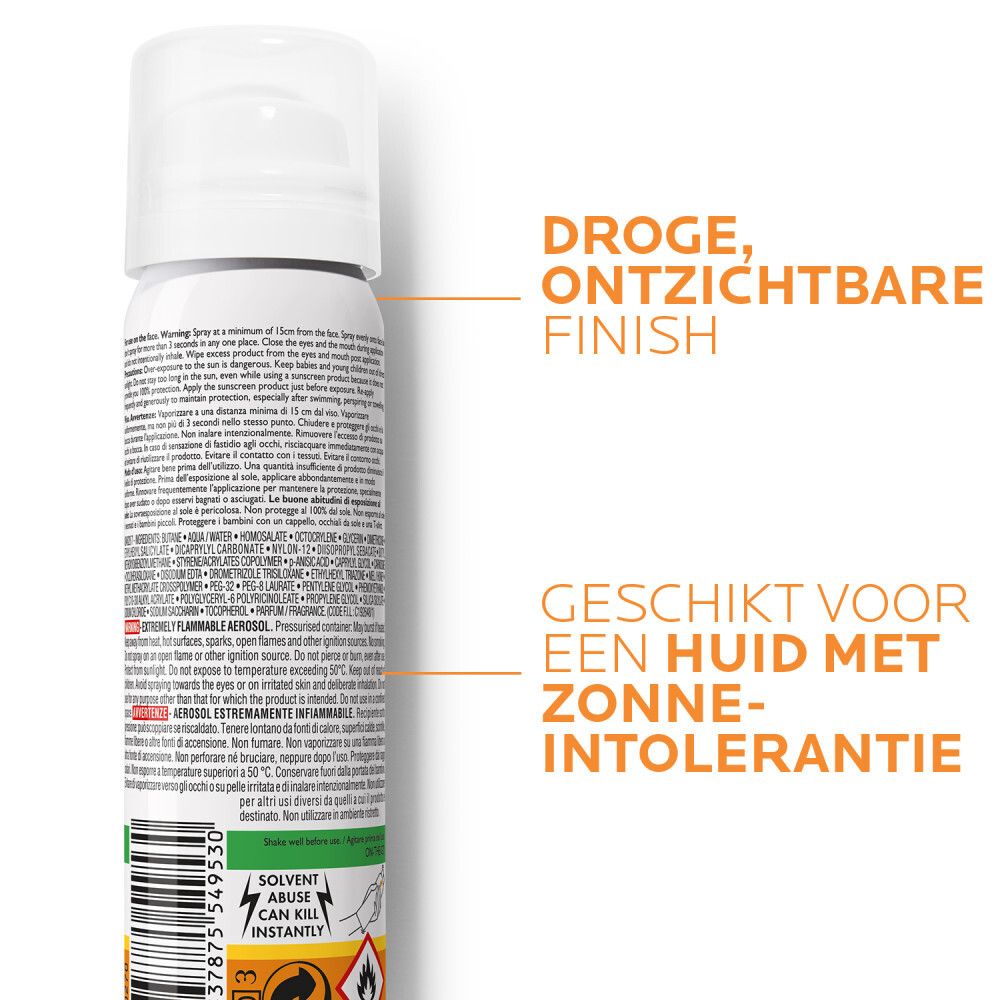Achterkant van de Anthelios gezichtsspray. Tekst en waarschuwingen. La Roche-Posay. SPF 50+.