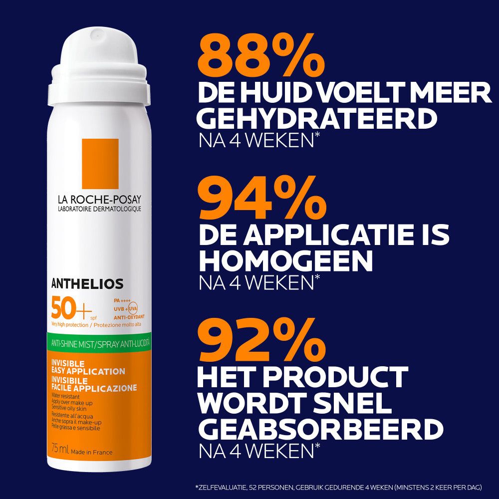 La Roche-Posay Anthelios gezichtsspray. Witte spuitfles met oranje etiket. SPF 50+.