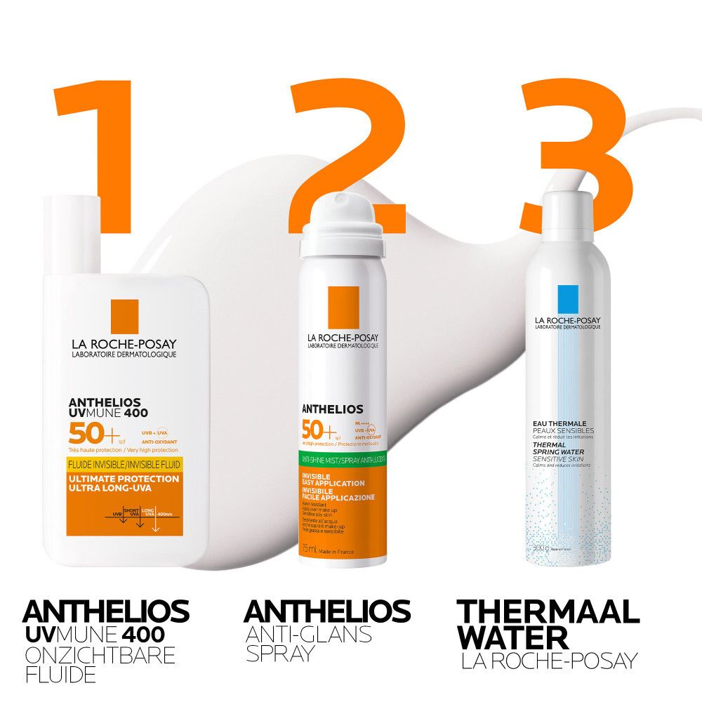 La Roche-Posay Anthelios gezichtsspray. Witte spuitfles met oranje etiket. SPF 50+.