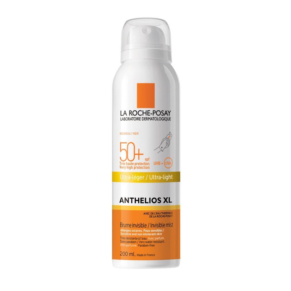 La Roche-Posay Anthelios XL spray. Witte fles, oranje blok. SPF 50+.