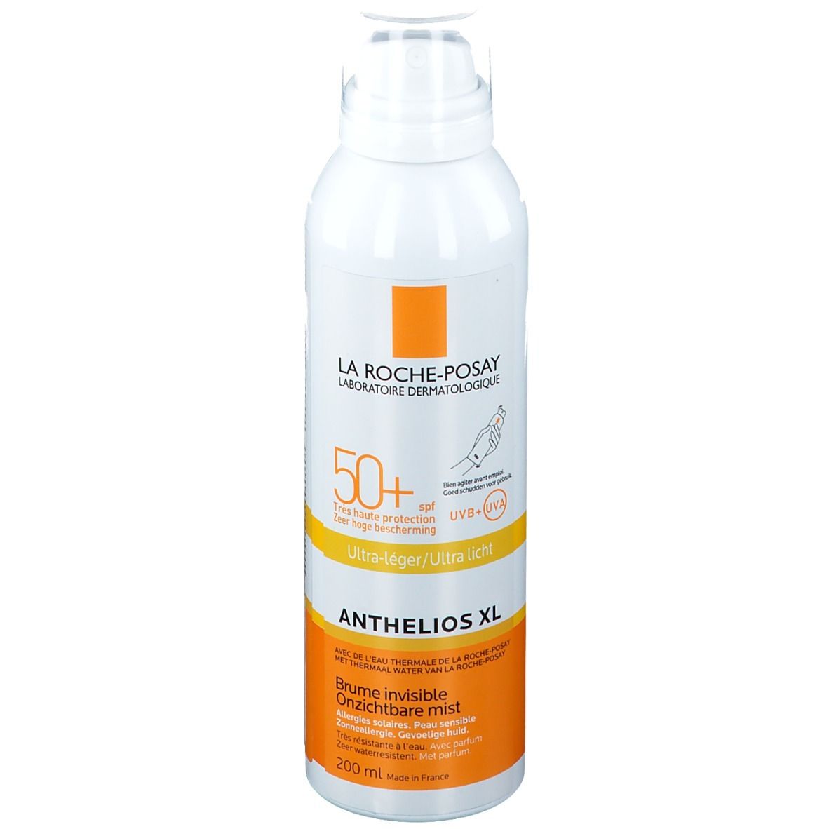 La Roche-Posay Anthelios XL Spray. Weiße Flasche, orangefarbene Akzente. SPF 50+. 200ml.