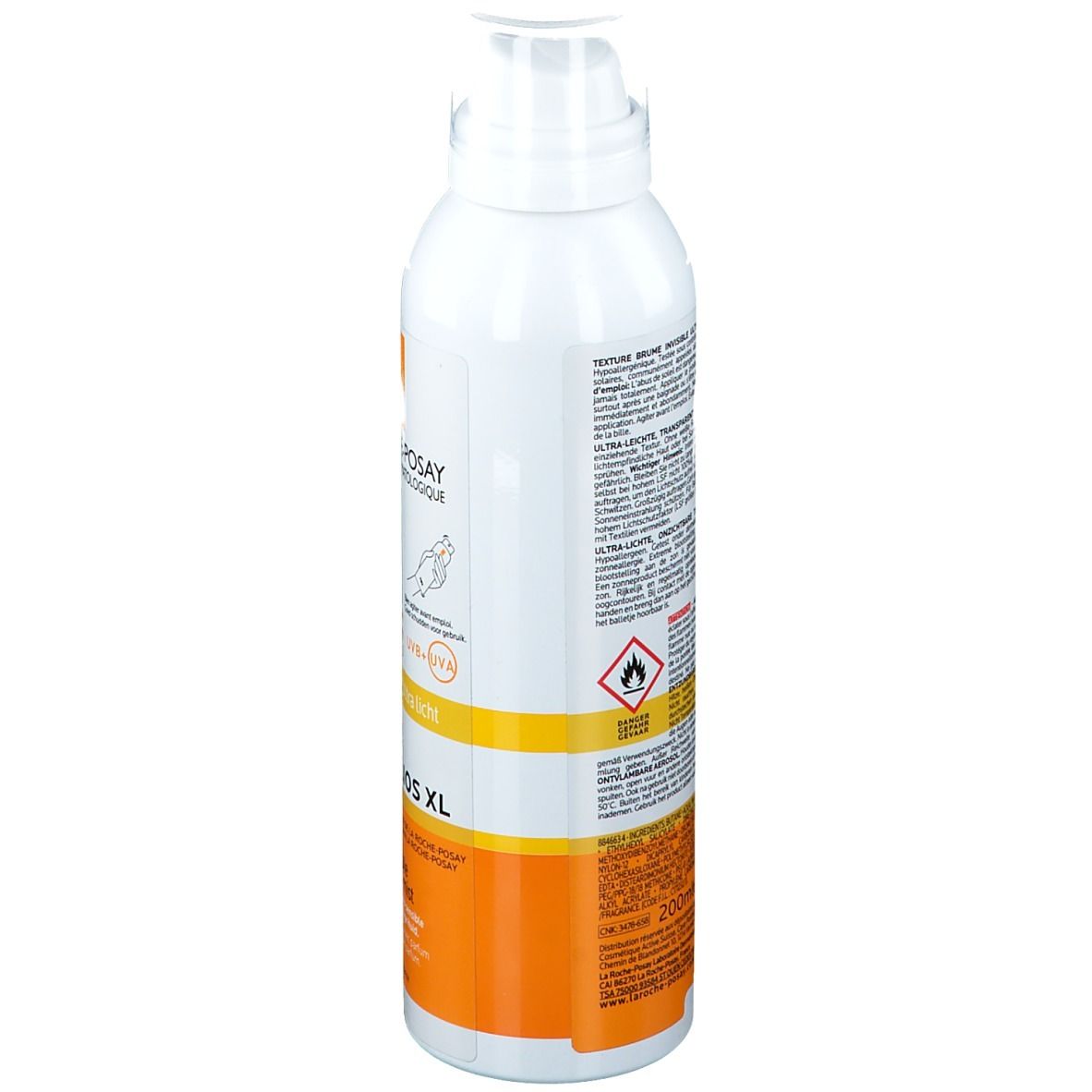 La Roche-Posay Anthelios XL Spray. Flasche, Text in mehreren Sprachen. SPF 50+.