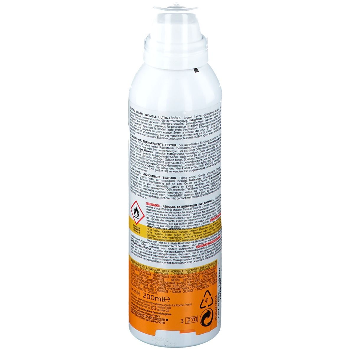 Rückseite der La Roche-Posay Anthelios XL Flasche. Text, Warnhinweise, 200ml.