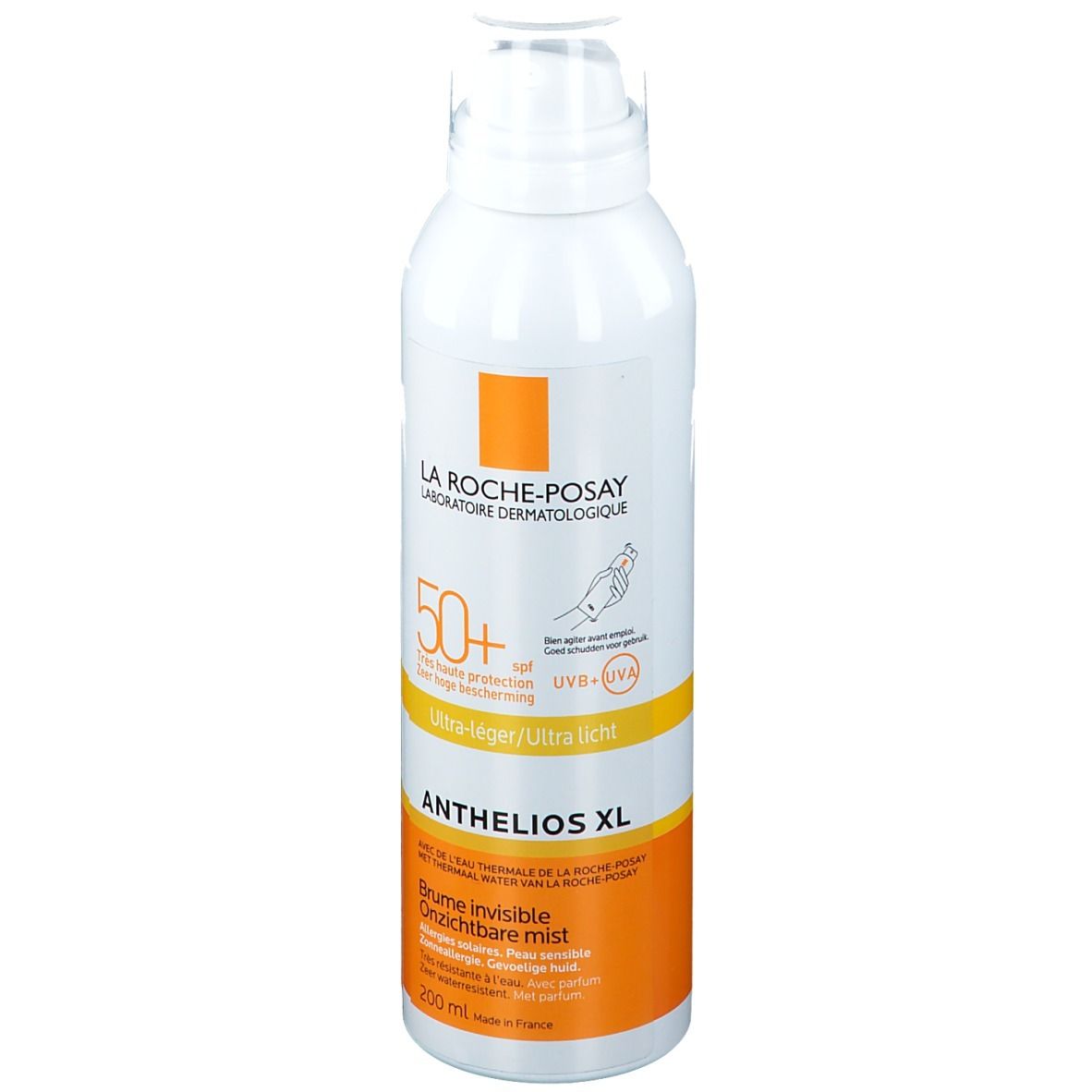 La Roche-Posay Anthelios XL Spray. Weiße Flasche, orangefarbene Akzente. SPF 50+.