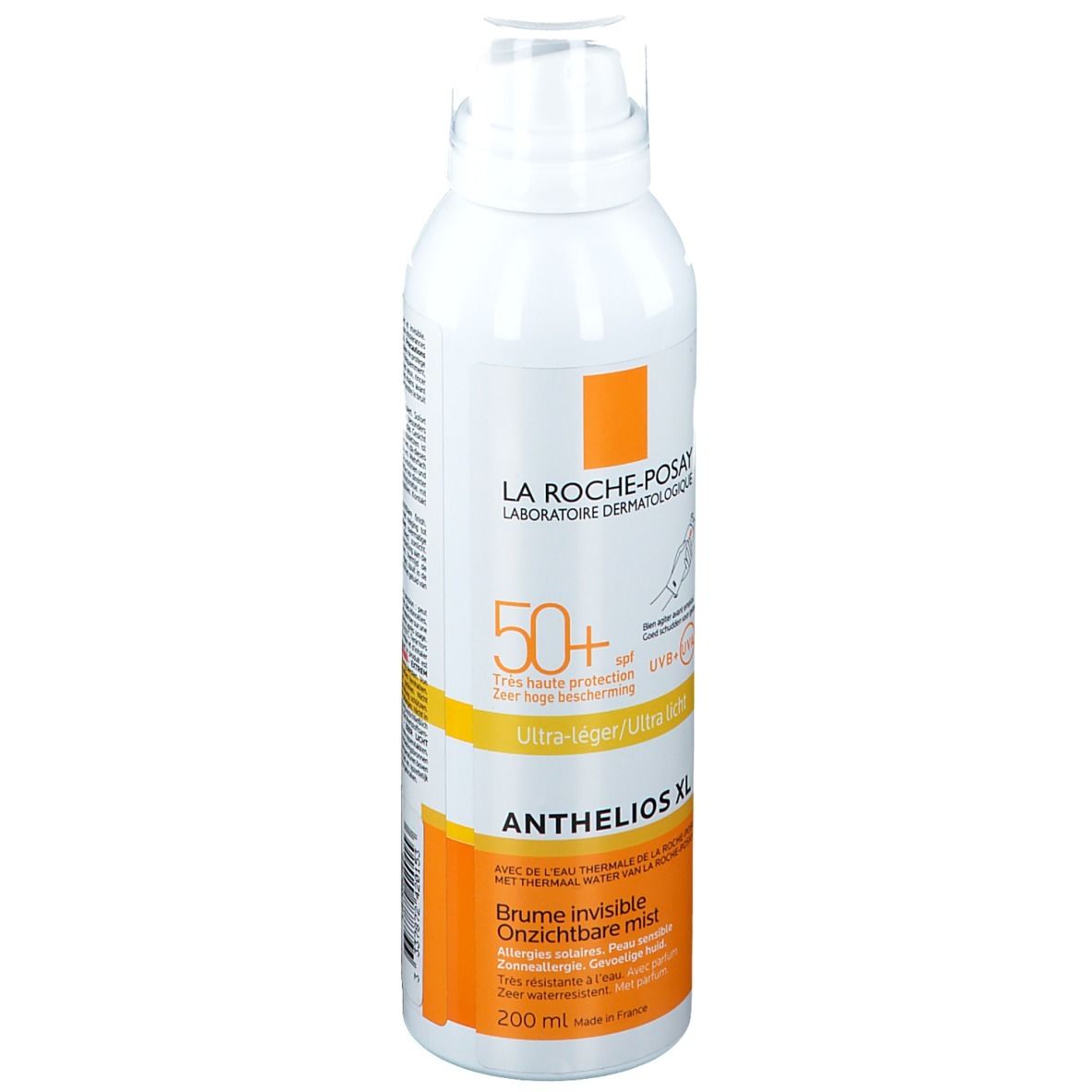 La Roche-Posay Anthelios XL Spray. Weiße Flasche, orangefarbene Akzente. SPF 50+.