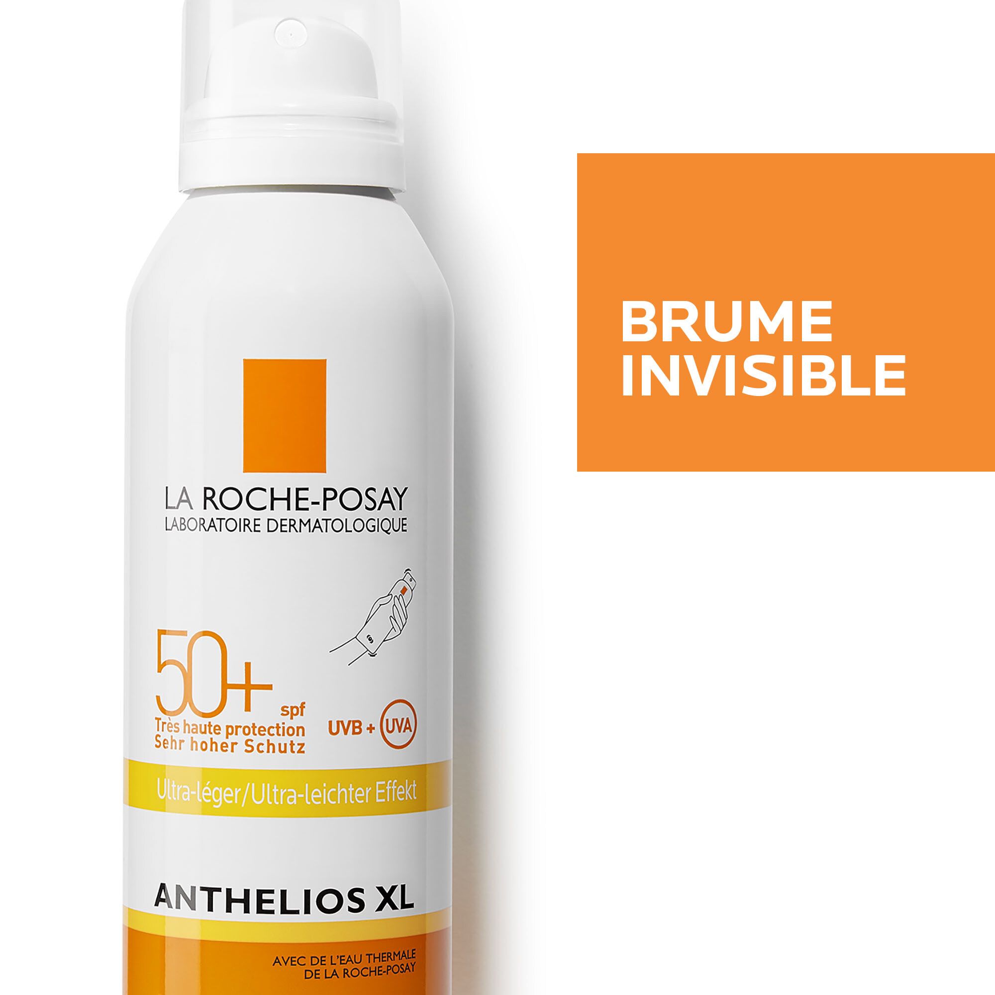 La Roche-Posay Anthelios XL Spray. Weiße Flasche, orangefarbener Block mit Text. SPF 50+.