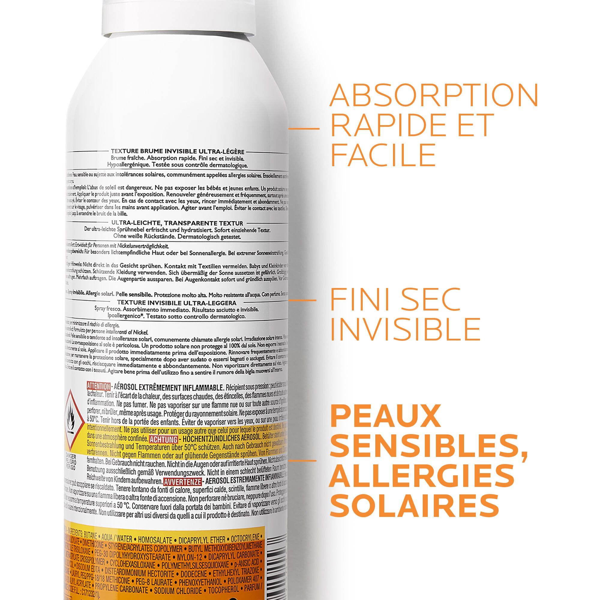 Rückseite der La Roche-Posay Anthelios XL Flasche. Text in mehreren Sprachen. Warnhinweise.