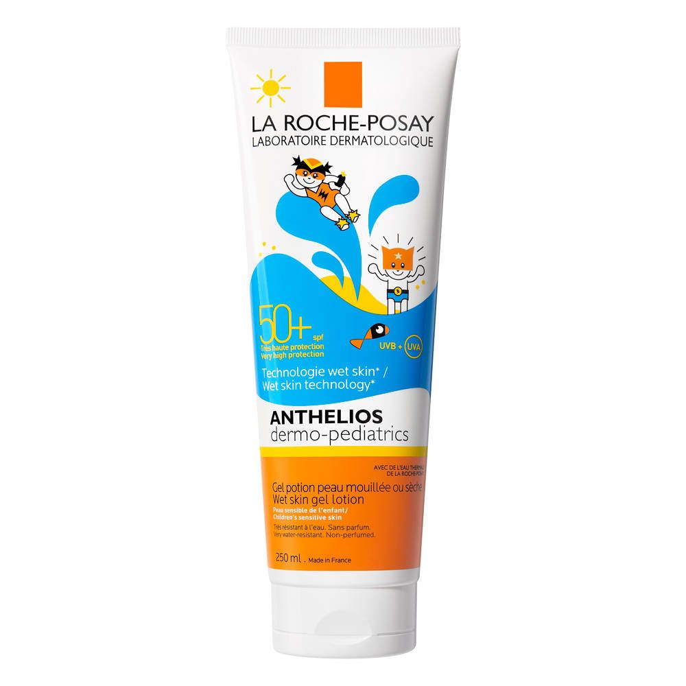 Zonnebrandcrèmetube, LA ROCHE-POSAY ANTHELIOS Dermo-Kids, SPF 50+. Witte tube met kleurrijke illustraties en productinfo.