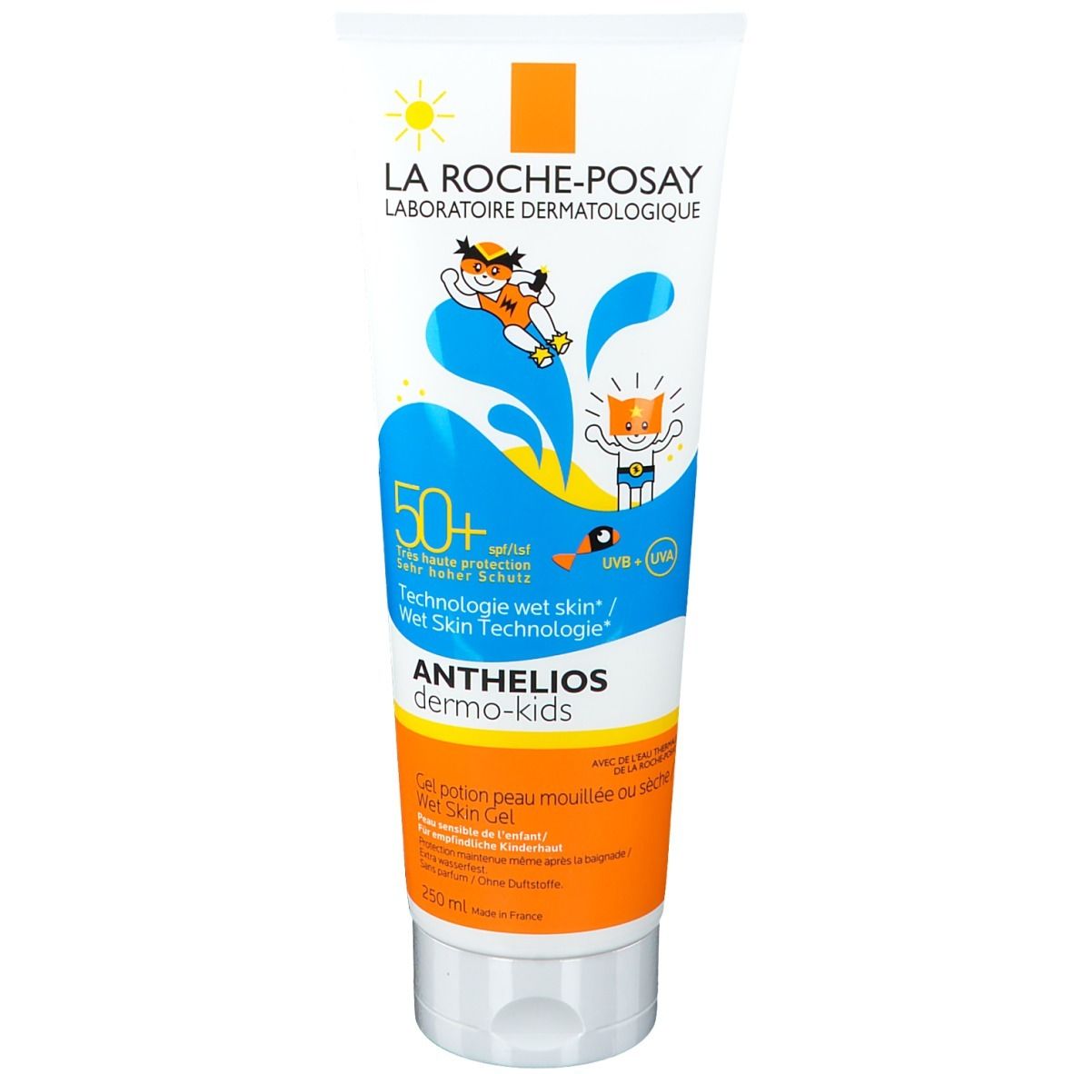 Zonnebrandcrèmetube, LA ROCHE-POSAY ANTHELIOS Dermo-Kids, SPF 50+. Witte tube met kleurrijke illustraties en productinfo.