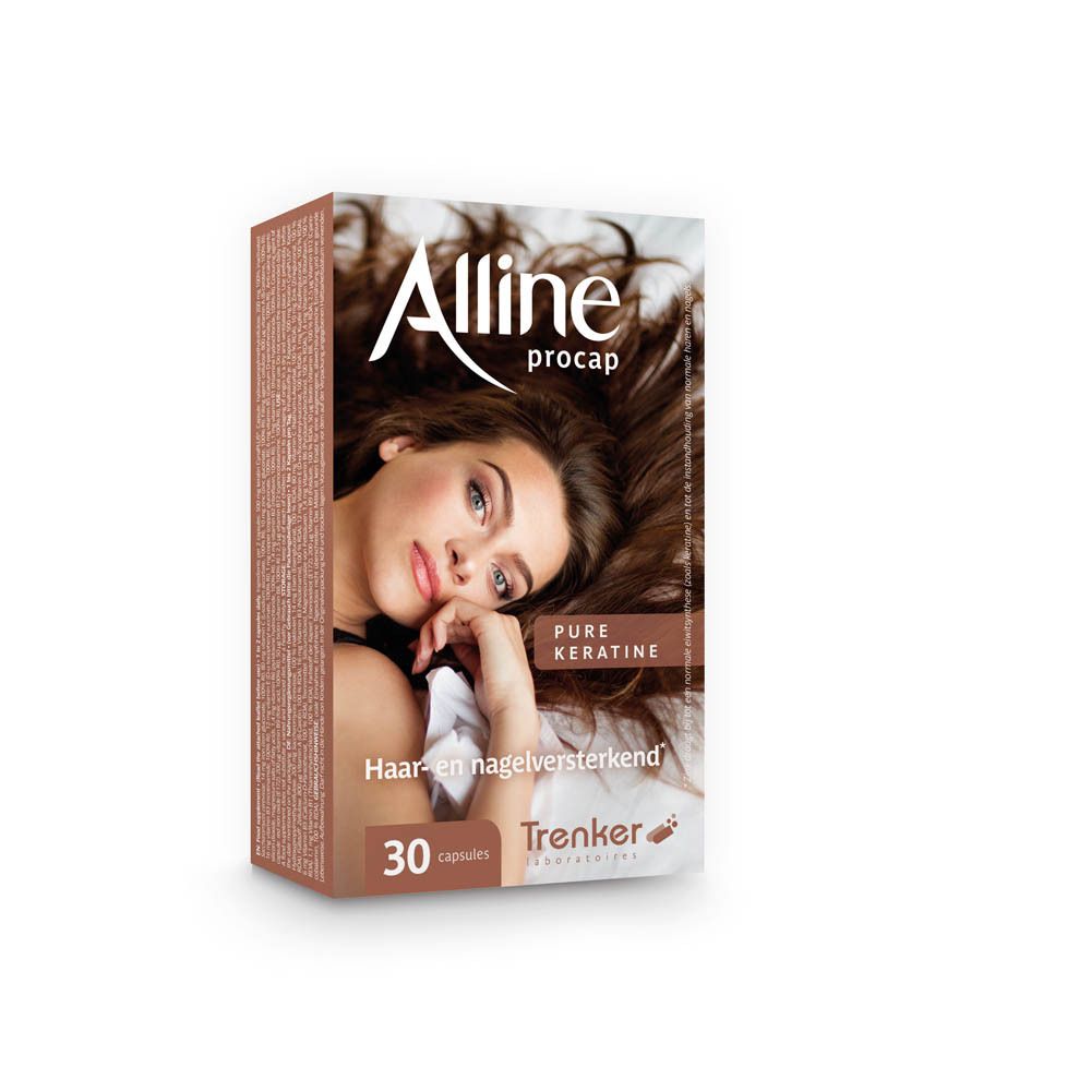 Bruine doos met productafbeelding en tekst. Opschrift: Alline procap, 30 capsules. Keratine Pure. Haar- & nagelversterkend.