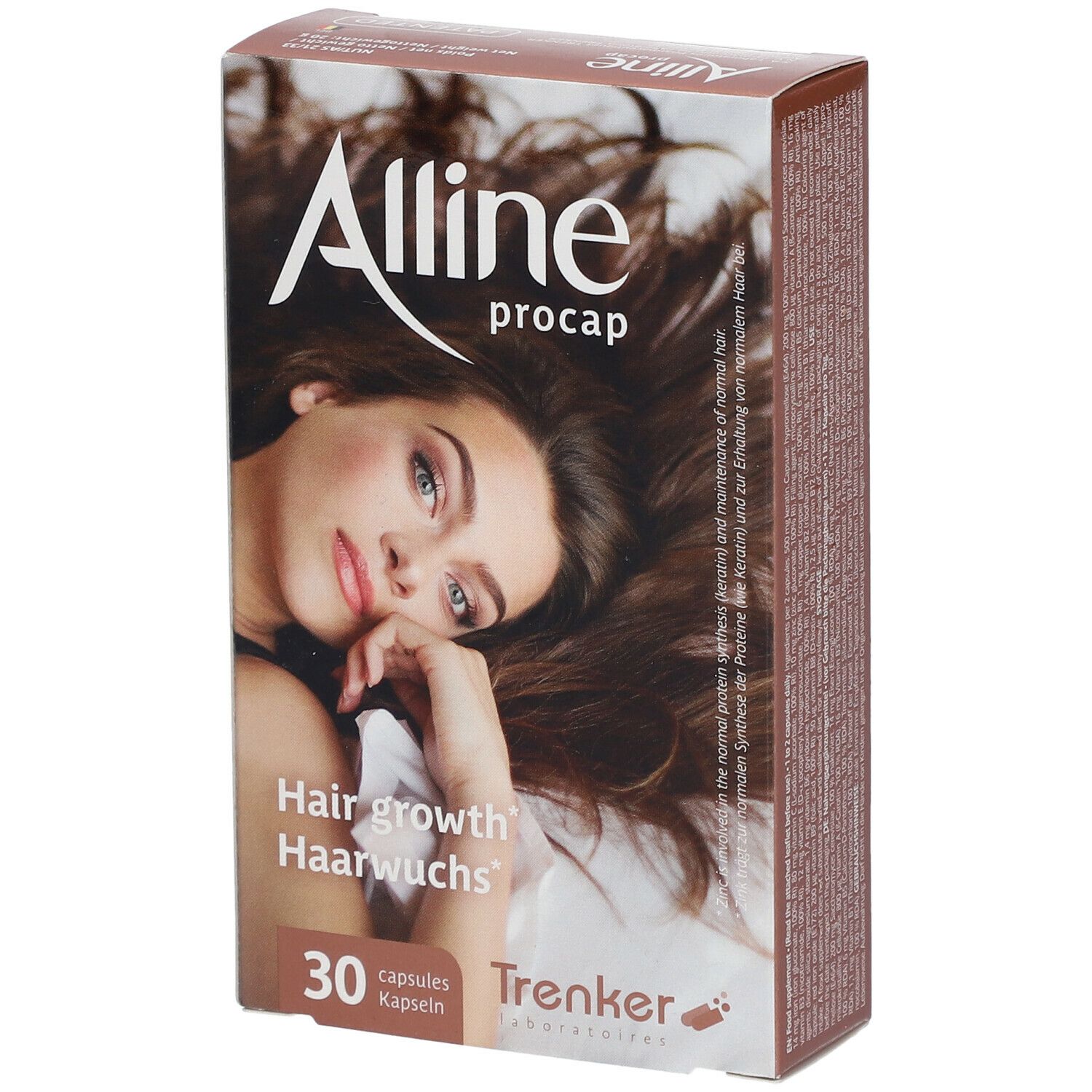 Boîte marron avec image et texte. Inscription: Alline procap, 30 gélules. Anglais: Hair growth, Haarwuchs. Trenker Laboratories.