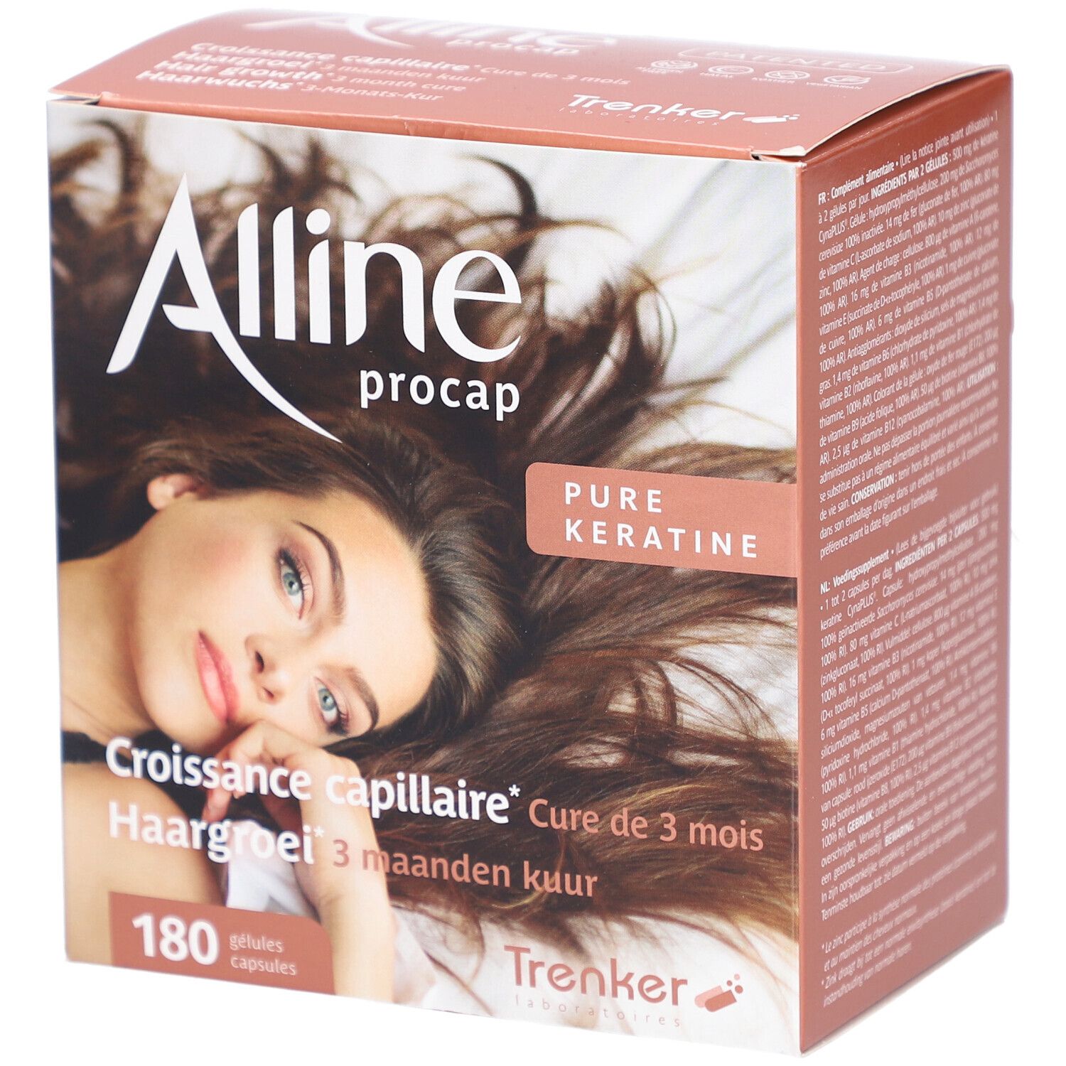 Boîte avec nom du produit et image d'une femme aux cheveux longs. Texte en français, néerlandais et allemand.