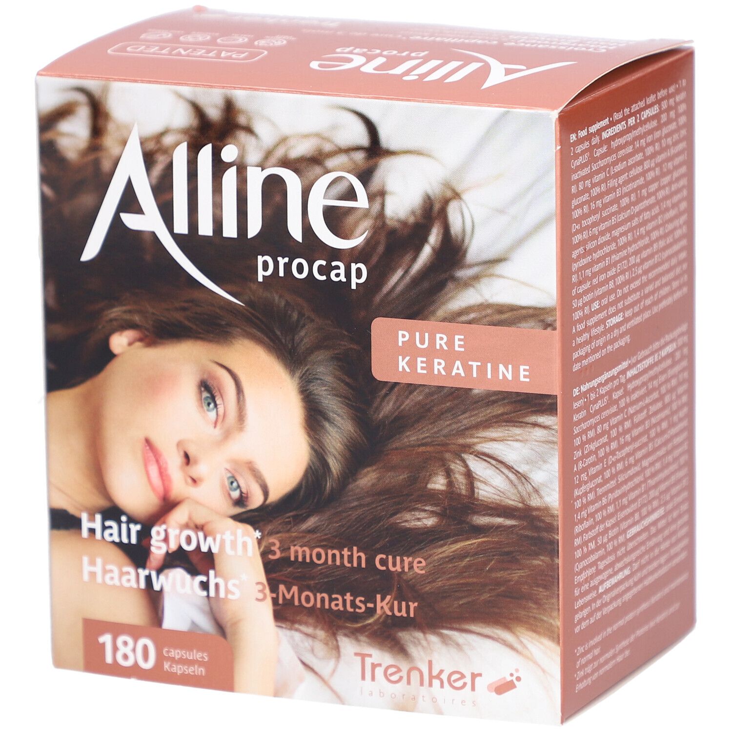 Boîte avec nom du produit et image d'une femme aux cheveux longs. Texte en allemand, français et néerlandais.