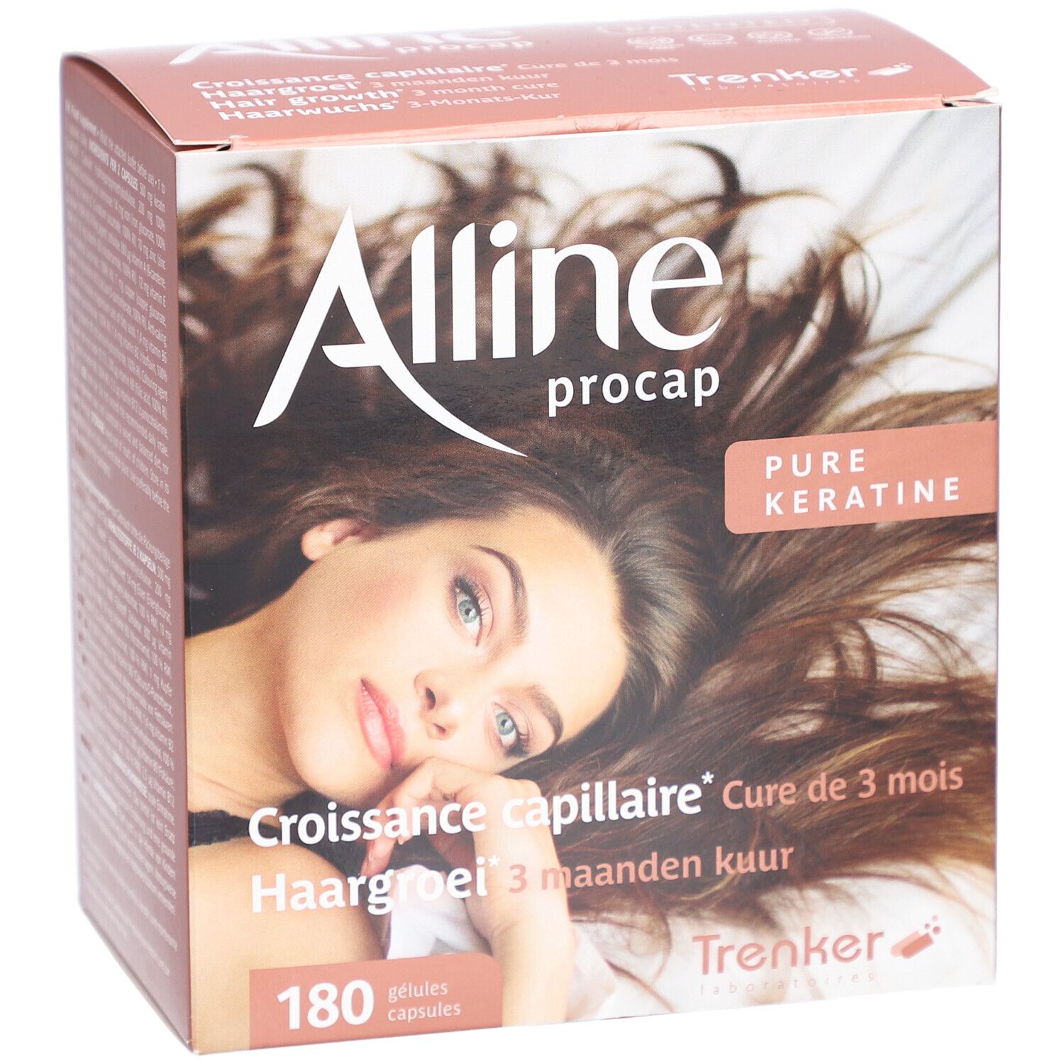 Boîte avec nom du produit et image d'une femme aux cheveux longs. Texte en français, néerlandais et allemand.