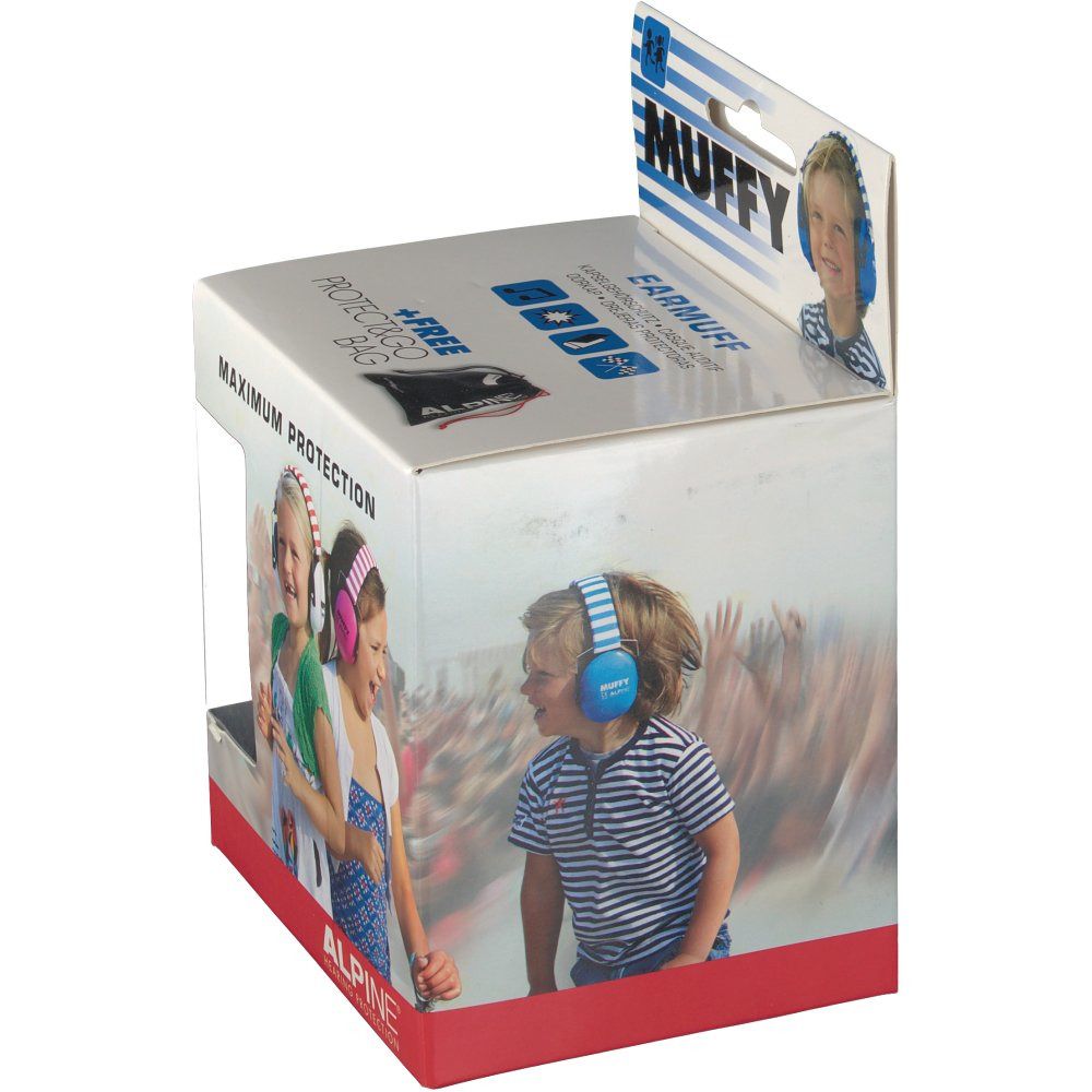 Verpakking ALPINE® MUFFY gehoorbescherming voor kinderen. Blauwe oorbeschermers. Kinderen met oorbeschermers. Opschrift: MAXIMUM PROTECTION.