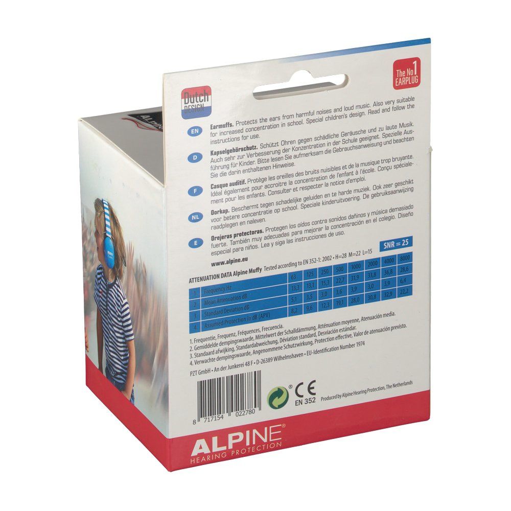 Achterkant ALPINE® MUFFY verpakking. Tekst in meerdere talen. Tabel met SNR-waarde. CE-markering.