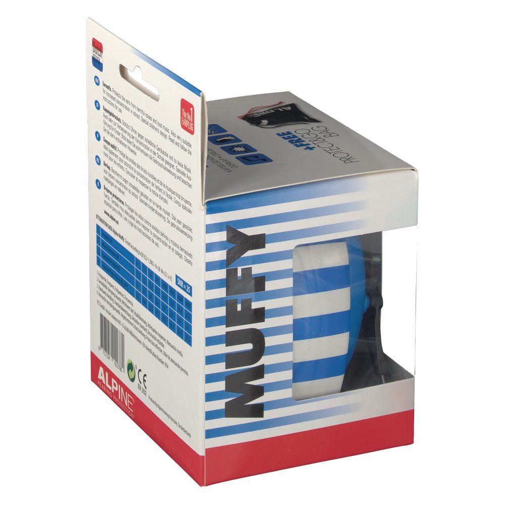 ALPINE® MUFFY gehoorbescherming in verpakking. Blauw-wit gestreepte oorschelp zichtbaar. Transparant venster.