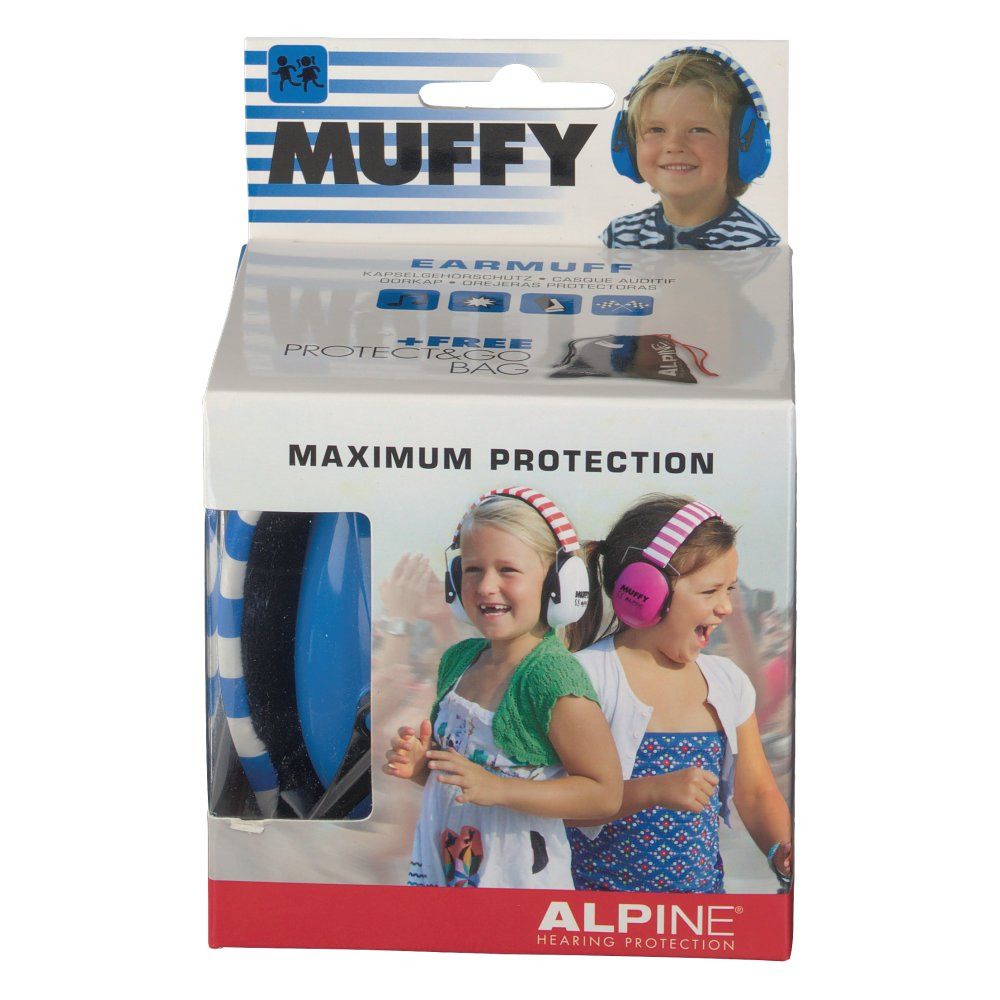 ALPINE® MUFFY gehoorbescherming voor kinderen. Verpakking met product en accessoires. Zichtbare oorschelpen.